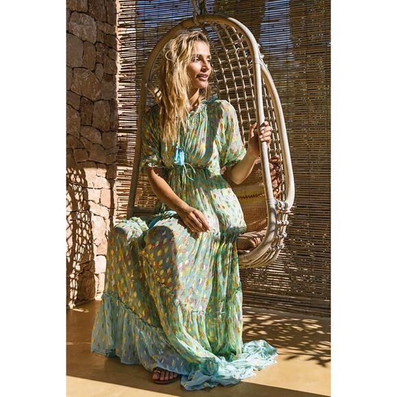 Miss June Paris Sally Maxi Dress Green Gold Sheer Caftan Resortwear Tuckernuck - Picture 1 of 16